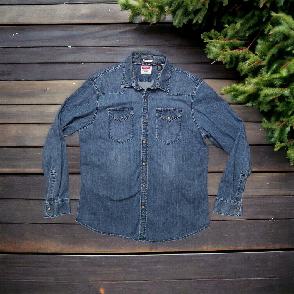 Wrangler Shirt Men's Extra Large Blue Denim Pearl Snap Work Western Cowboy